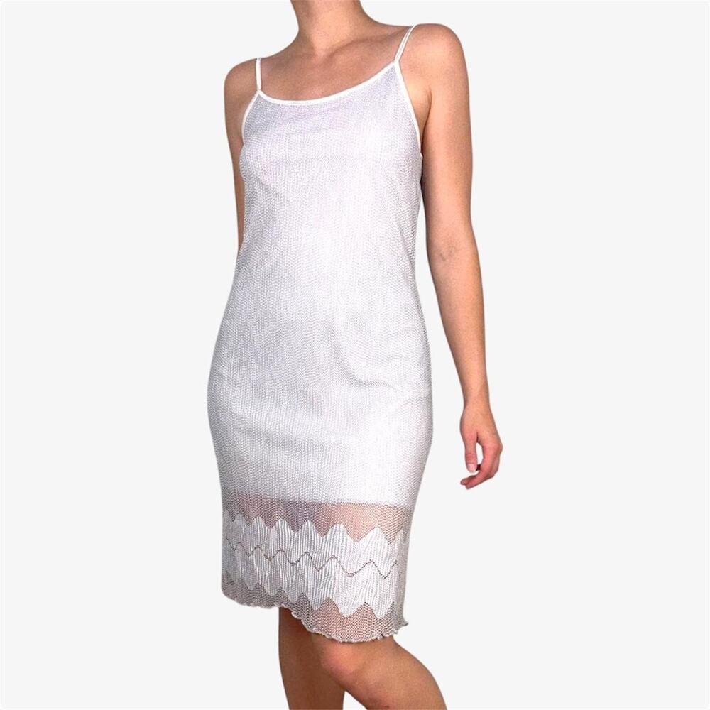 Light grey blue midi slip dress crocheted knit — fits like size small